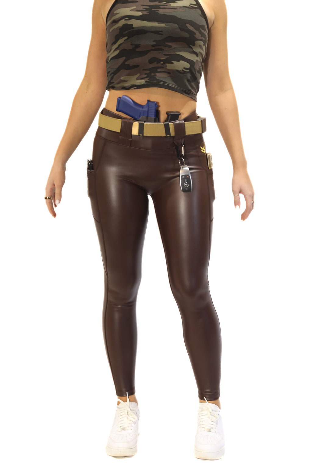 High Rise Faux Leather Conceal Carry Leggings - Brown