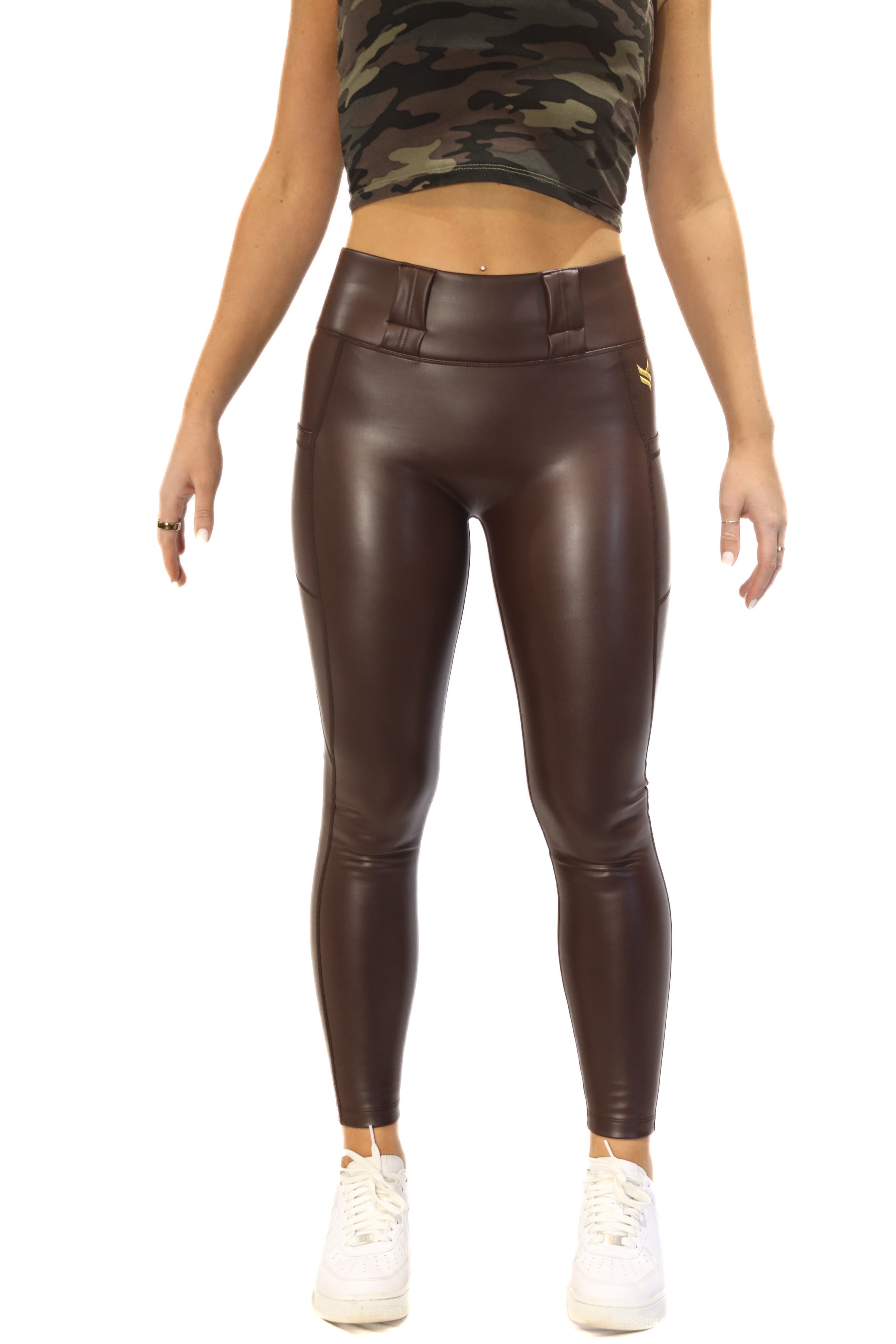 High Rise Faux Leather Conceal Carry Leggings - Brown