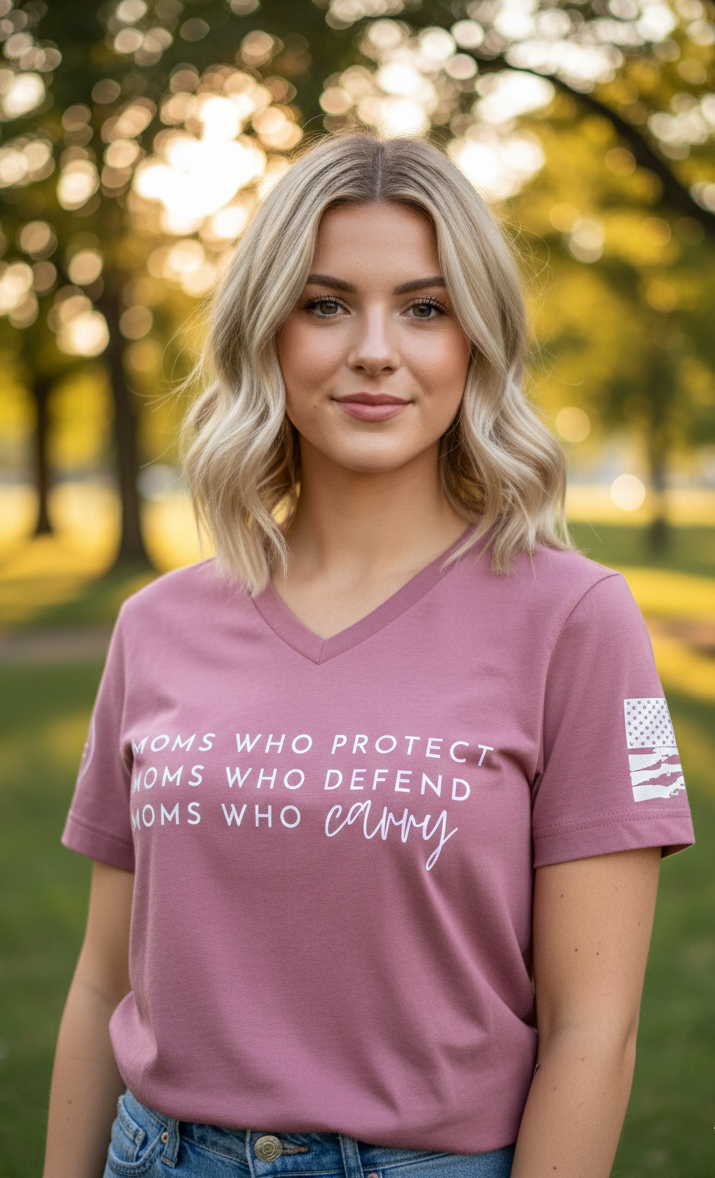 Moms Who Carry® V-Neck Tee - Pink